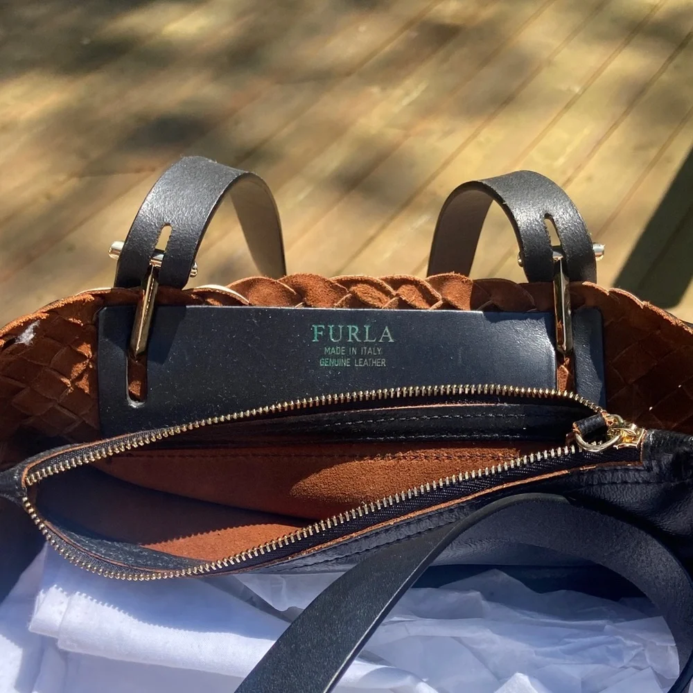 Furla Black & White Woven Leather Tote